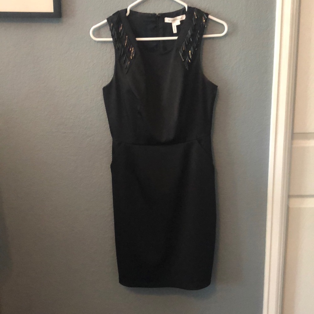 BCBG Beaded Tassel Neckline Dress